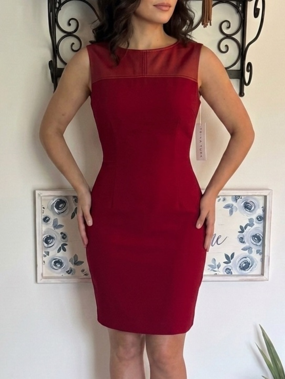 NWT Trina Turk Red Sleeveless Dress with Faux-Leather Yoke size 6 $388 msrp